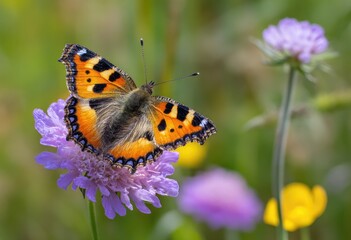 Obraz premium A vibrant butterfly rests on a delicate purple flower, with soft green foliage behind