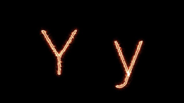 Fiery glowing capital and lowercase letter Y animation on black background, burning alphabet typography effect for dramatic titles, intros, and logo design.