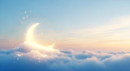 Magical crescent moon shining brightly above soft clouds at sunrise or sunset sky