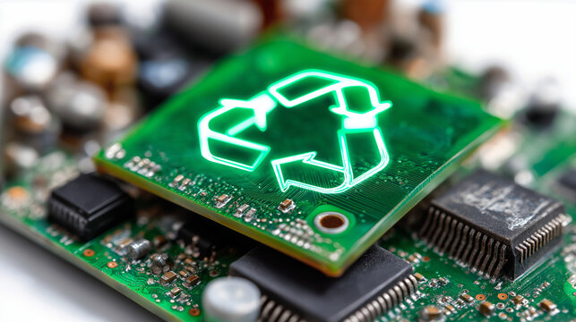 Old electronic parts recycle symbol, clean background e-waste, concept recycling electronics, environmental display technology, disposal moment hazardous, materials management , wi