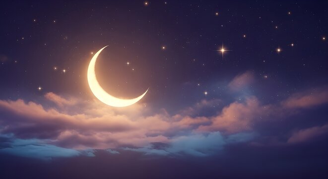 Glowing crescent moon in a starry night sky above colorful clouds at dusk or dawn - Powered by Adobe