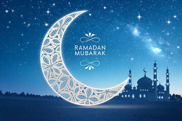 A beautiful festive greeting card for ramadan mubarak celebration with glowing crescent moon and mosque silhouette
