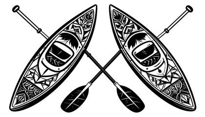 Two symmetrical kayaks with detailed designs, crossed paddles, on a black and white background