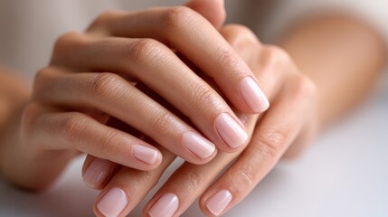 Fototapeta premium Elegant female hands with natural manicure on smooth surface
