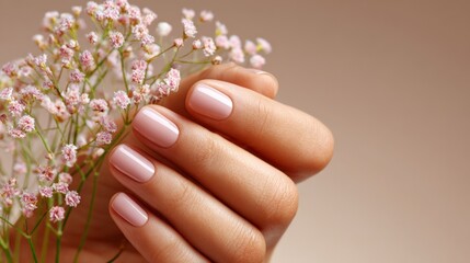Fototapeta premium Elegant manicured hand with soft pink nail polish holding delicate flowers