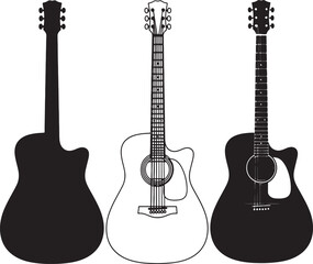 Three Different Types of Guitars in Black and White Line also transparent background musical instrument
