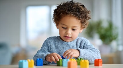 Young child playing with colorful building blocks indoors