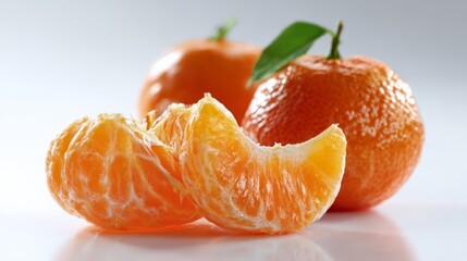 Fresh juicy tangerines with peels and leaves on white background