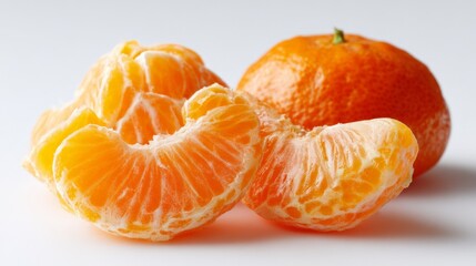Fresh juicy mandarin orange with peeled segments on white background