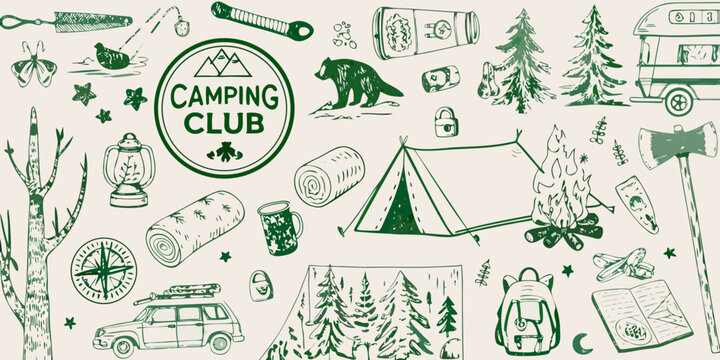 Vintage camping collection a hand drawn illustration of outdoor adventure elements