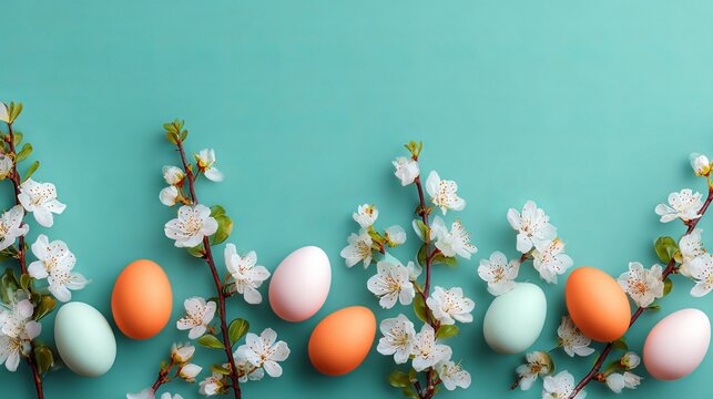 Colorful Easter eggs and blossoming flowers on a pastel blue background, symbolizing spring and renewal.