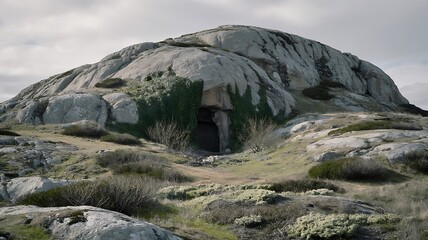 Ancient Stone Hill with Lush Ivy Covered Cave Entrance in a Rocky Landscape