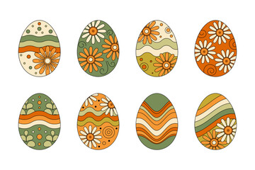 Fototapeta premium Easter eggs set in retro groovy 70s style with daisy flowers and wavy patterns. Vector illustration