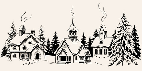 Obraz premium Charming winter village sketch with snow covered houses and evergreen trees