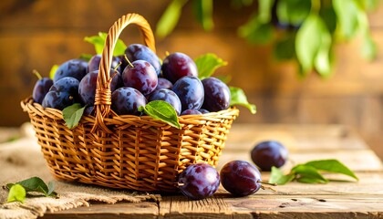 Harvest of ripe purple plums in a woven basket with fresh leaves on a rustic table.