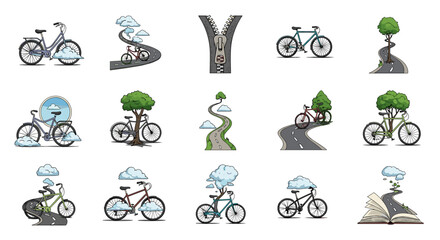 Collection of various bicycles and motorcycle icons in different styles