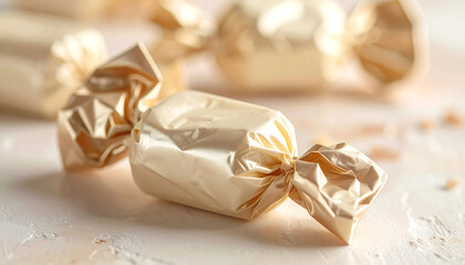 Close-up of a single golden-wrapped candy on a light surface with other blurred candies in the background.