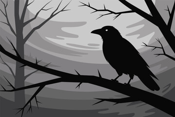 Obraz premium Mysterious Crow on a Bare Branch in a Misty Forest, dark wildlife concept