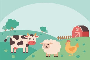Happy Farm Animals in a Green Countryside Landscape, farm life concept