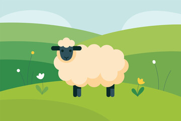 Fluffy Sheep Grazing in a Green Hilly Meadow, rural farming concept