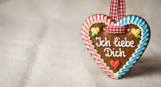 Traditional German gingerbread heart "Ich liebe Dich" hanging with a checkered ribbon on a white background for love concept and romantic sentiment