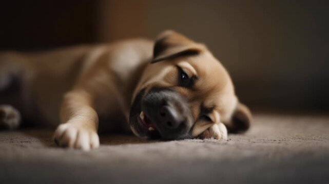 Adorable Puggle Puppy Sleeping and Yawning on a Cozy Carpet Indoors.