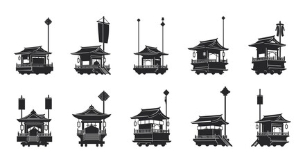 Set of traditional asian pagoda buildings with flags and poles