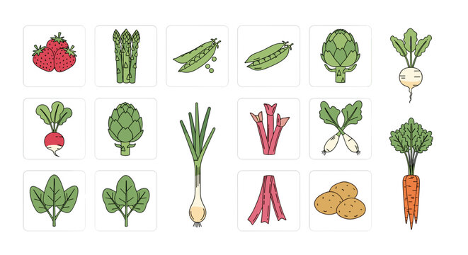 Collection of fresh vegetables including strawberry asparagus and broccoli