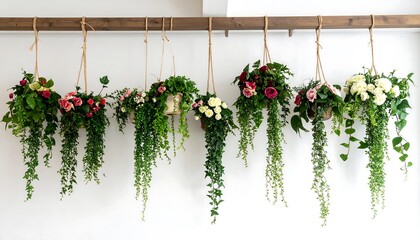 Various hanging planters with flowering plants and trailing greenery against a white wall