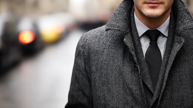 Stylish Businessman in Gray Tweed Coat and Black Tie on Urban Street