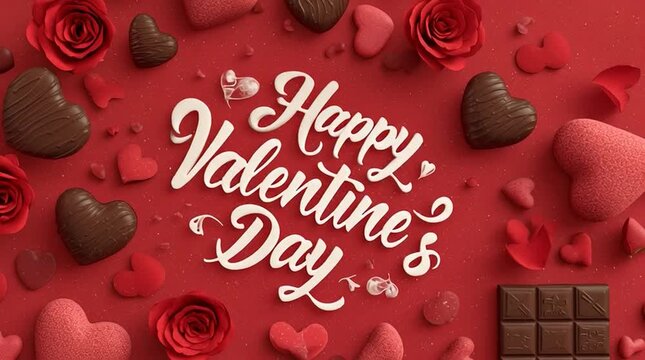 Valentine's Day greeting with hearts, roses, and chocolates on red background.