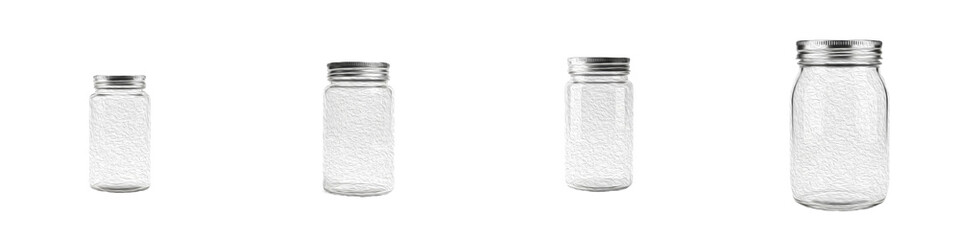 Set of clear glass kitchen storage jars with silver lids isolated on white background oil paint