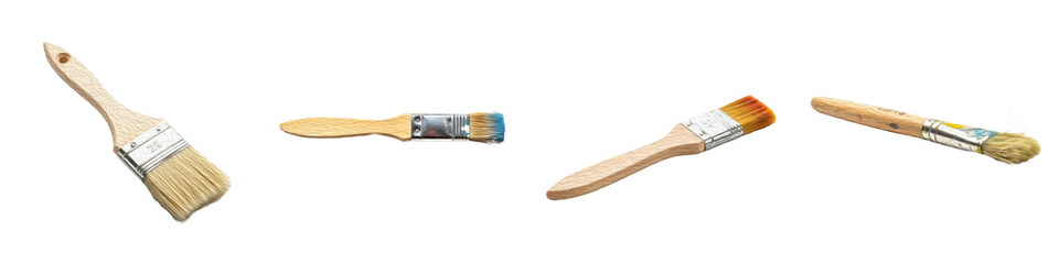 Collection of Professional Paint Brushes with Wooden Handles PNG with Oil Paint Effect Isolated on White Background