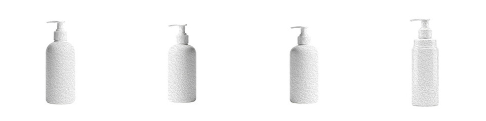 Set of Four White Plastic Cosmetic Pump Bottles Mockup PNG with Oil Paint Effect Isolated on White Background