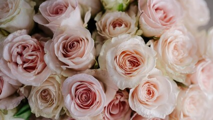Obraz premium Close-up of a bouquet of pale pink roses with soft, layered petals. Concept Close-up Roses, Pale Pink Bouquet, Soft Layered Petals, Floral Macro, Delicate Petal Texture