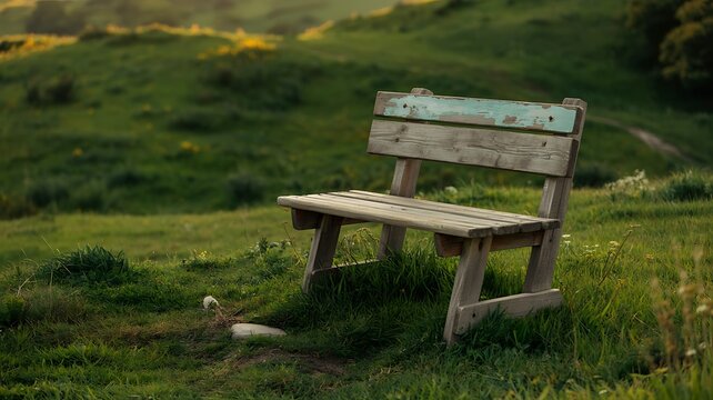 Charming Old Wooden Bench with Painted Backrest in Grassy Field - Powered by Adobe