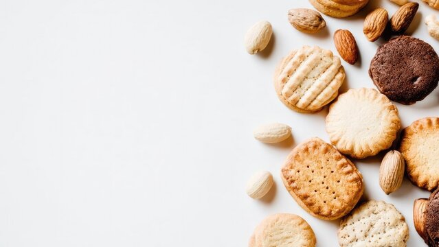 Assorted cookies and nuts arranged on a white background, including almonds, cashews, and a chocolate biscuit. Concept Assorted cookies and nuts, Almonds and cashews, Chocolate biscuit