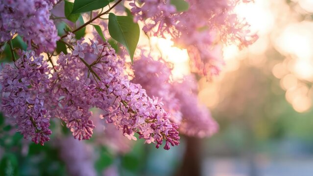 Purple lilac blossoms in hanging clusters on a branch, bathed in warm golden-hour light. Concept Purple lilac blossoms, Golden-hour glow, Hanging lilac clusters, Branch close-up, Spring garden scene