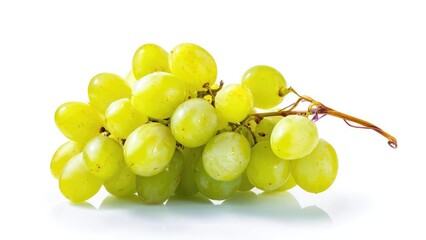 Obraz premium A bunch of green grapes on a stem against a white background. Concept Still life, Green grapes, White background, Close-up shot, Fresh fruit