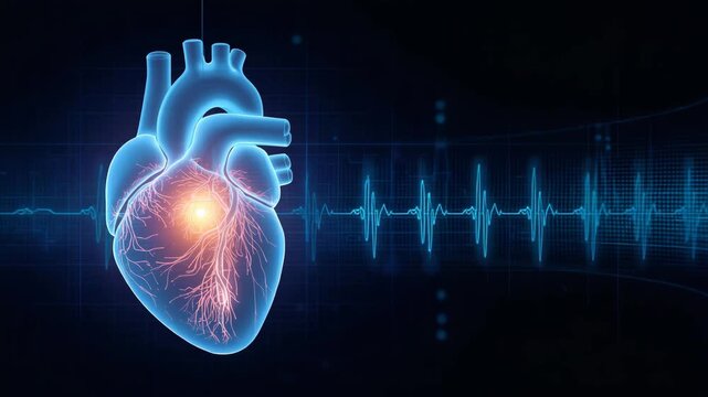 A glowing blue heart with a bright orange light at its center is displayed in a video about cardiovascular health alongside a heart rate monitor readout