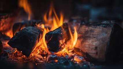 Close-up of burning logs in a campfire with orange flames and glowing embers. Concept Campfire close-up, Burning logs, Orange flames, Glowing embers, Cozy night by fire