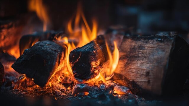 Close-up of burning logs in a campfire with orange flames and glowing embers. Concept Campfire close-up, Burning logs, Orange flames, Glowing embers, Cozy night by fire