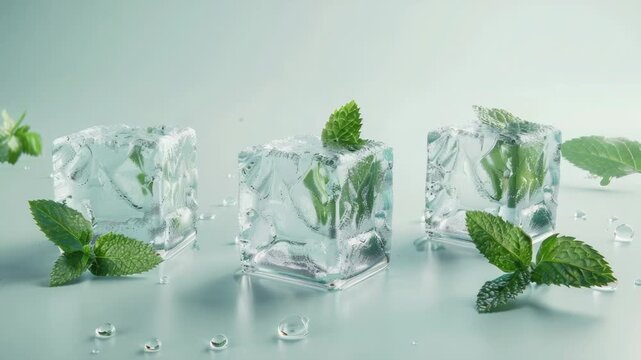 Video Fresh mint leaves floating on top of ice cubes, with water droplets creating a sense of moisture