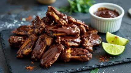 Fototapeta premium Chicken wings glazed with dark barbecue sauce with chocolate, honey and other Asian ingredients.