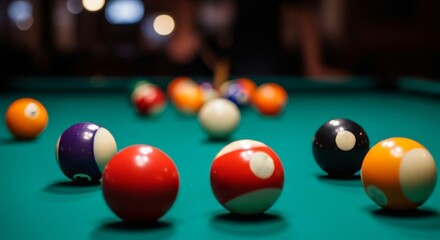 Billiards Balls Arranged on Pool Table in Dimly Lit Bar