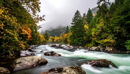 A scenic river flowing through a forest with autumn foliage and a misty mountain in the background