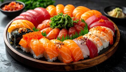 Gourmet sushi platter, assorted sashimi & nigiri, vibrant colors, close-up, black background