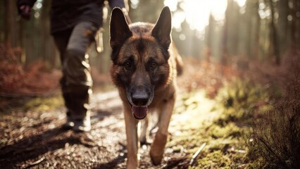 Fototapeta premium German Shepherd with ears up, tongue out, walking toward the camera on a sunlit forest trail, a person in the background. Concept German Shepherd portrait, Dog walking toward camera