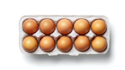 Naklejka premium Twelve brown eggs in a gray egg carton, seen from above. Concept Brown eggs, Gray egg carton, Aerial view, Simple still life, Breakfast photography