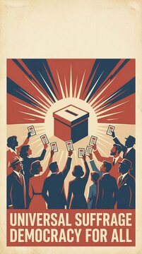 Ilustraci&oacute;n de cartel sobre sufragio universal con manos diversas alzando papeletas de voto en estilo retro y textura vintage. Concepto de democracia, igualdad y derechos humanos con espacio de copia.